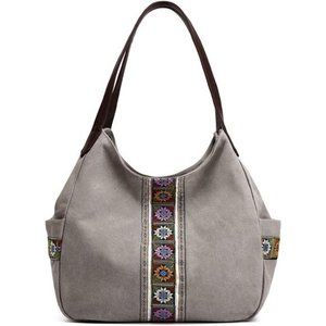 Women Canvas Hobo Purse Multi Pocket Tote Shopper Shoulder Bag Casual Top Handle